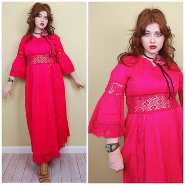 1970s Vintage Raspberry Hot Pink Cotton Pin Tucked Maxi Dress / 70 Sheer Lace Bell Sleeve Mexican Wedding Dress / Medium - Large 