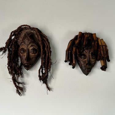 Vintage Hand Carved Wood African Chokwe Tribal Mask - A Pair 