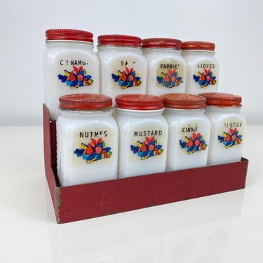 Vintage 1940s McKee milk glass spice container set of 8 w/metal rack, retro look, red lid tops, fruit basket label with sunburst pattern 