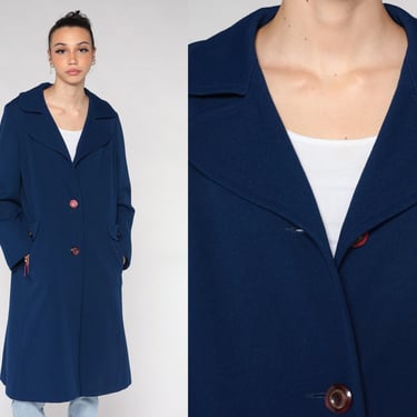 Navy Blue Trench Coat 70s Button up Knee Length Jacket Retro Basic Peacoat Long Mod Seventies Chic Tailored Vintage 1970s Medium M 