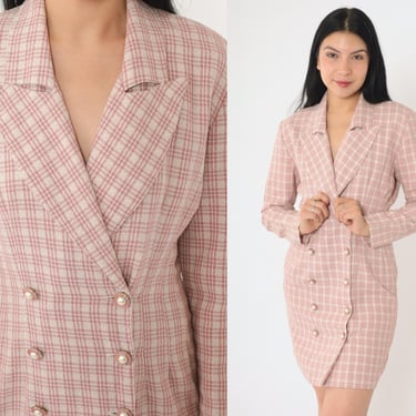 90s Pink Checkered Dress Double-Breasted Jacket Dress with Long Sleeves and Notched Lapel 1990s Office Sheath Dress Preppy Small 3 