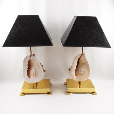 Willy Daro Style Mounted Seashell Brass Table Lamp, a pair