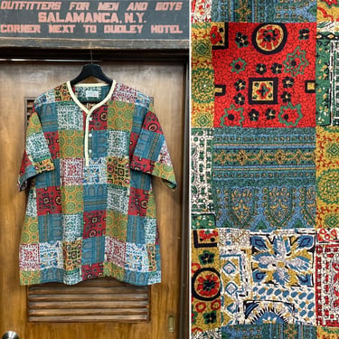 Vintage 1960’s Cotton Batik Hippie Tiki Henley Pullover Hawaiian Shirt, 60’s Vintage Clothing 