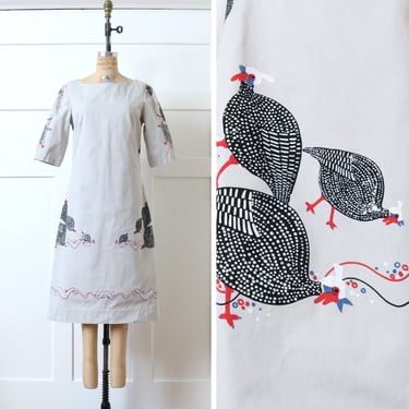 novelty bird print shift dress • cute guineafowl dress in lightest stone gray 