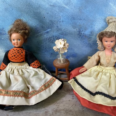 Vintage French Dolls, Le Minor?, Pont-Le'Abbe, Saint-Lo, Dollhouse Dolls, Made In France, 5.5" Tall, Set of 2 