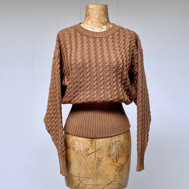 Vintage 1970s Cable Knit Pullover, 70s Jaeger Brown Wool Sweater, Small-Medium 