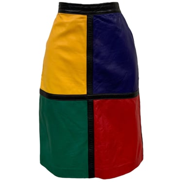 Vtg Vintage 1980s 80s Color Block Leather Pencil Skirt 