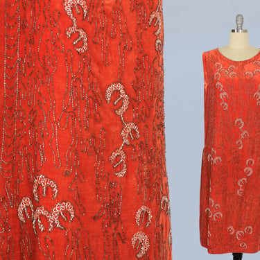1920s Dress / 20s ORANGE Cotton Velvet BEADED Flapper Dress / French Made 