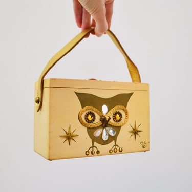 70s Wood Box Purse Bag Owl Beaded Wood Wedding Evening Bag Handbag 1970s Wooden Purse Owl Bird Bag Purse Nite Owl 