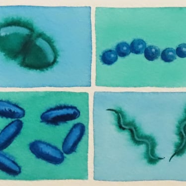 Bacteria in Green and Blue - original watercolor painting - microbe art 