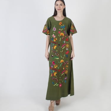 Embroidered Mexican Caftan, Army Green Cotton, Long Bell Sleeves, South American Caftan 