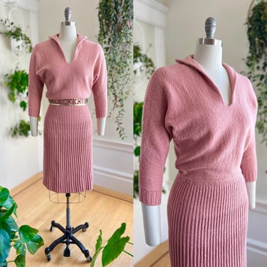 Vintage 1950s Sweater Dress 50s Pink Knit Wool Wiggle Pin Up Dusty Rose Secretary Cozy Pencil Dress | small/medium 