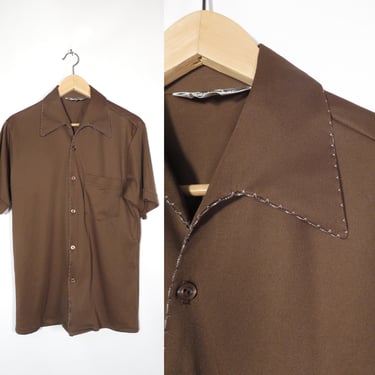 Vintage 70s Simple Classic Brown Polyester Button Down With Stitched Edges Size M 
