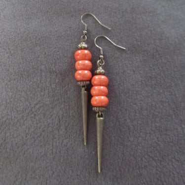 Orange jasper and bronze spike earrings 