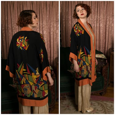 1920s Robe - Vibrant And RARE Art Deco 20s Kimono Inspired Decadently Printed High Deco Geometric in Lime, Red, Yellow, Blue, and Orange 