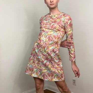 70s Handmade psychedelic rainbow marble print mini dress 