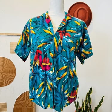 Vintage 90s Green Hawaiian Tropical Hula Short Sleeve Blouse Shirt 