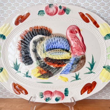 Mid Century Oval Turkey Platter. Colorful Hand Painted Turkey Platter. Vintage Thanksgiving Tray Made in Japan. 