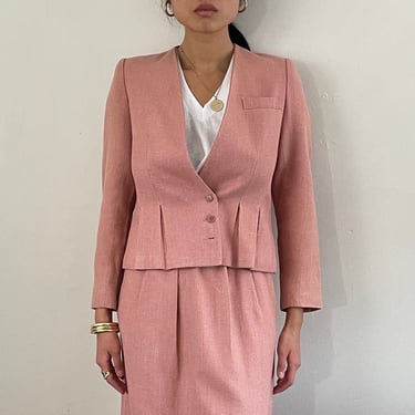 80s suit / vintage blush pink cropped peplum nipped waist blazer dirndl skirt suit set | S 