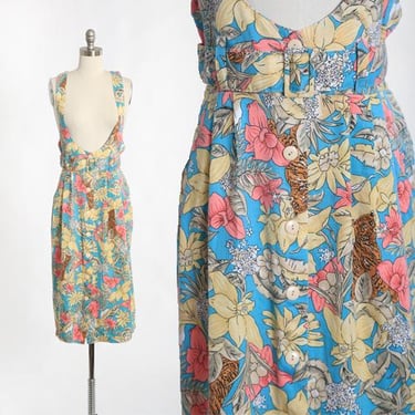 Vintage 80s tropical floral leopard print rayon suspender pinafore dress 