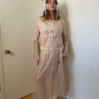 1920s Soft Pink Silk Chiffon Bridal Gown size Small Medium 