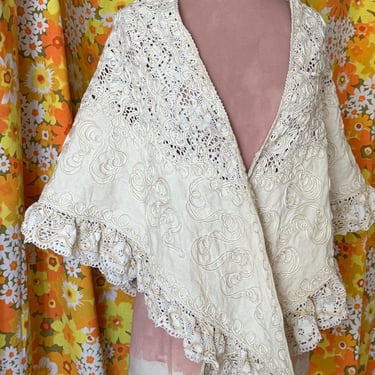 Lace Soutache Shawl, Embroidered, Crochet Lace, Boho, Bohemian, Hippie, Vintage 