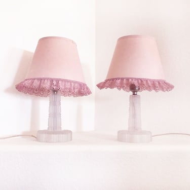 Pair of ART DECO antique Boudoir Lamps, Pink Shades, Frosted Glass, Set of 2, Lace, Girls, Glamorous, Working Electric 1920's, 1930's Corded 