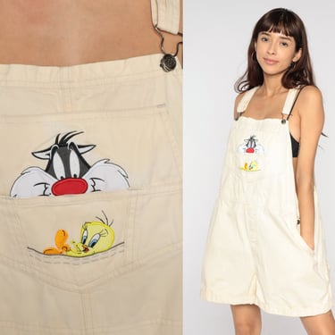 Looney Tunes Overall Shorts 90s Cream Jean Shortalls Tweety Bird Sylvester Cat Short Overalls Warner Bros Cartoon 1990s Vintage 2xl xxl 24w 