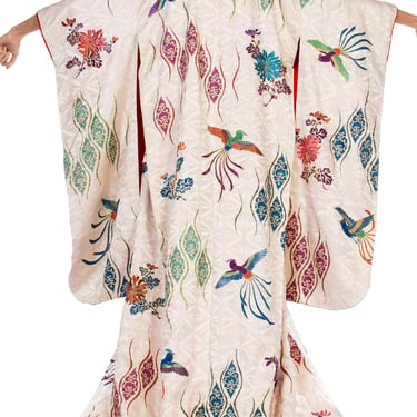 1960S Mid-Century Hand Painted & Embroidered Japanese Silk With Gold Details And Birds Kimono 