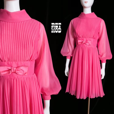 GORGEOUS Vintage 60s 70s Pink Long Sleeve Party Dress with Sheer Sleeves and Accordion Pleat Skirt 