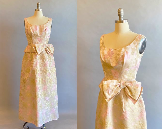 1950's Evening Gown / 1950s Pink and Gold Brocade Dress  / Mother of the Bride Dress / 50's Party Dress/ Gold Dress / Size Small 