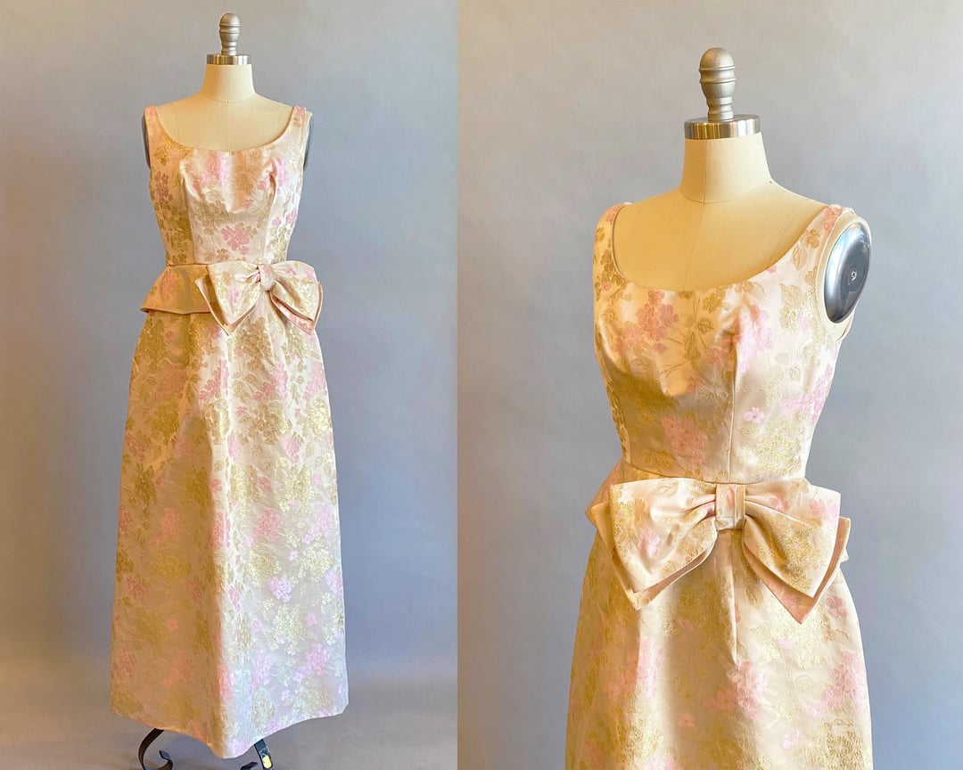 1950's Evening Gown / 1950s Pink and Gold Brocade Dress / Mother Off