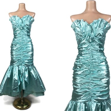 VINTAGE 80s Aqua Foil Metallic Mermaid Party Dress by New Leaf Sz 9/10 | 1980s Avant-Garde Strapless Prom Gown | Unique Under The Sea | VFG 