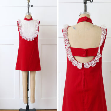 vintage 1960s mod red velveteen & lace dress • open back babydoll bib minidress 
