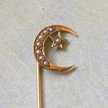 Antique 14K Gold Stick Pin With Pearls, Gold Stick Pin With Crescent Moon and Star, Antique Victorian 14K Gold Stickpin (4651) 