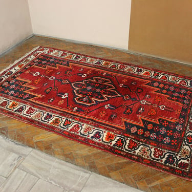 Large Vintage Maslaghan Turkish Persian Wool Area Rug Red Navy Plant Vegetal Anatolian Antique Folk Art Handwoven Boho Traditional Carpet 