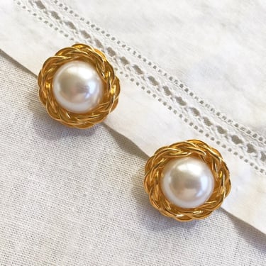 vintage earrings golden earrings statement earrings faux pearl golden chain studs 