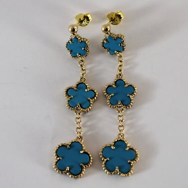 80's FAS 925 silver vermeil blue porcelain pansy dangles, boho gold wash sterling ceramic flowers stud earrings 