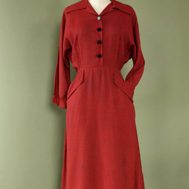 1940s Vermillion Checkered Dress L