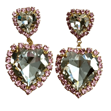 Double Heart Pink Crystal Post Earrings