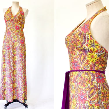 SALE - 1960s Metallic Floral Halter Neck Maxi Dress - Vintage Pink and Yellow Lurex Low Back Dress - Size Small 