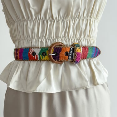 wide tapestry belt 80s 90s vintage rainbow Guatemalan leather belt 