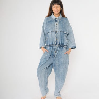 Vintage 80s Denim Jumpsuit Ideas Acid Wash Tapered Pants Jean Romper Long Sleeve High Waisted Snap Button Up Blue Medium M 