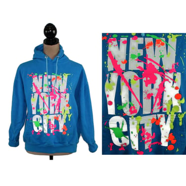 Y2K Paint Splatter Sweatshirt, New York Hoodie NYC, Blue Neon Graphic Pullover, Hooded with Kangaroo Pocket, 2000s Clothes Unisex Men Women 