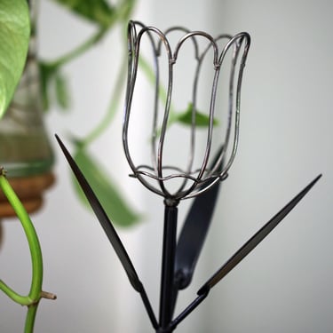 Vintage 1980s Heavy Metal Tulip Sculpture – Industrial Flower Art, Jewelry Holder or Candle Stand, Bold Statement Decor 