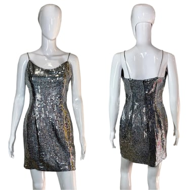 1990's Slinky Silver Sequin Disco Ball Dress Size S