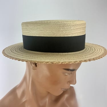 1920's-30's Straw Boater Hat - PORTIS Hand Crafted - Woven Straw - Flat Brim & Stack - Leather Sweatband - Grograin Ribbon Band - Size 7-3/8 