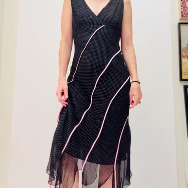 Vintage 00s Y2K Bias Cut Silk Dress Black Pink Dress polka dot Chiffon Tank Dress Medium Large// 90s Black Tank Slip Party Dress Medium 