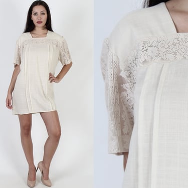 Sheer Floral Lace Ivory Mini Dress - XL / Vintage 1970's Plus Size Simple Bridal Frock 