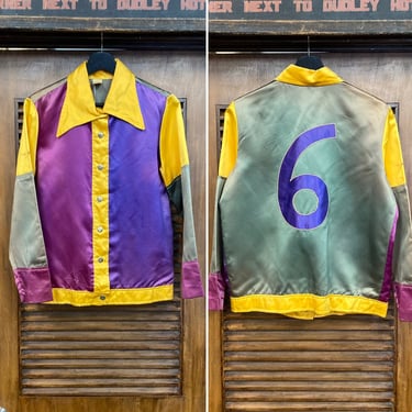 Vintage 1960’s Color Block Mod Jockey Satin Racing Windbreaker Shirt Jacket, 60’s Vintage Clothing 